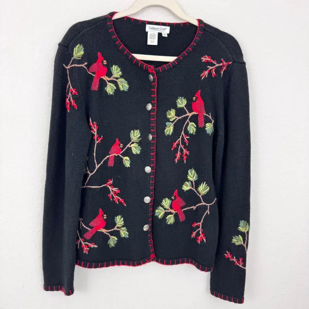 Coldwater Creek Womens Cardigan Knit Sweater Size S Cardinal Holiday Bird Winter
